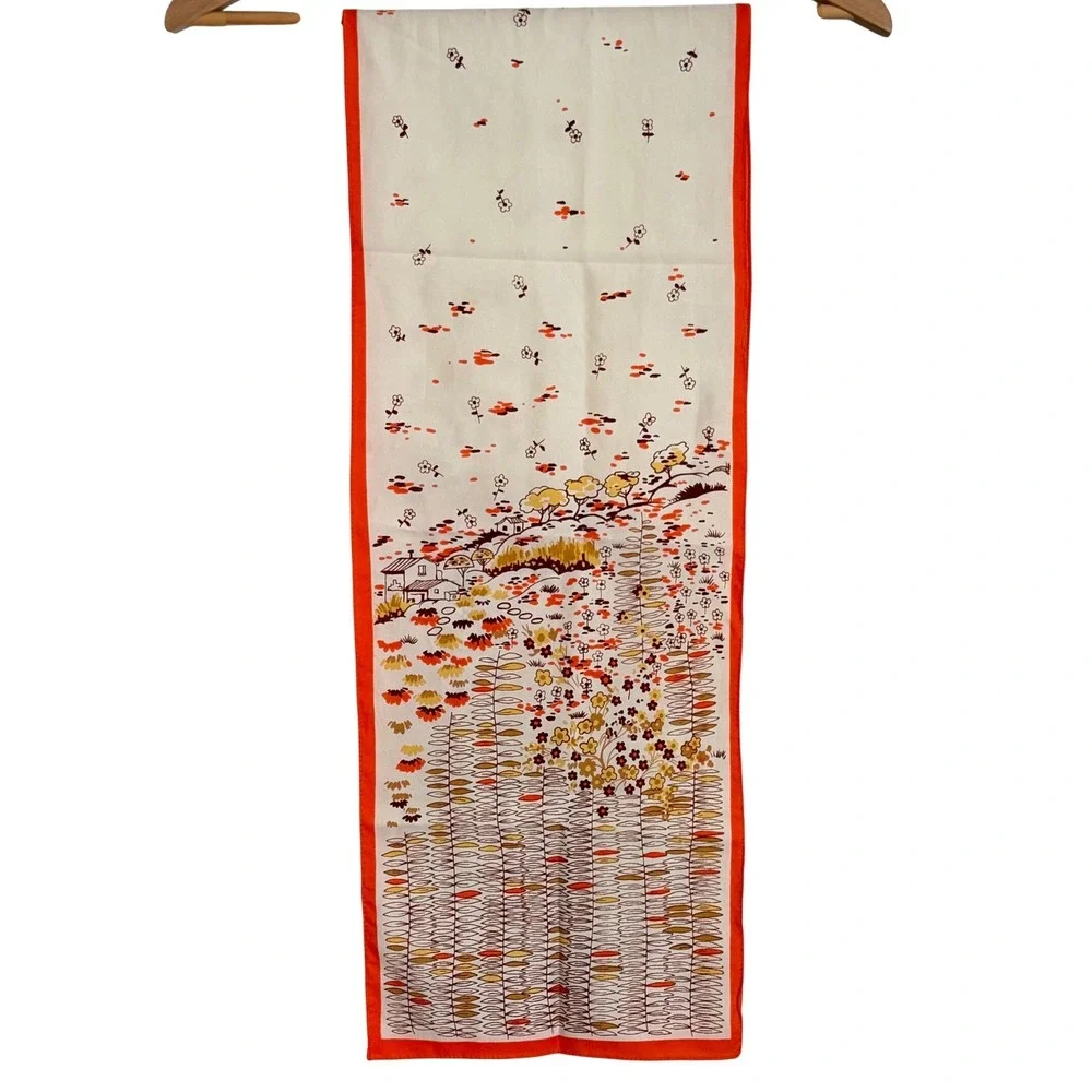 Vintage Cottage Landscape Floral Scarf‎ Womens Orange Retro Mid Century Modern